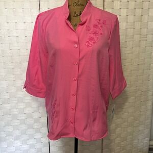 BonWorth Embroidered Button-Down‎ Mandarin Collar 3/4 Sleeve Top Petite M